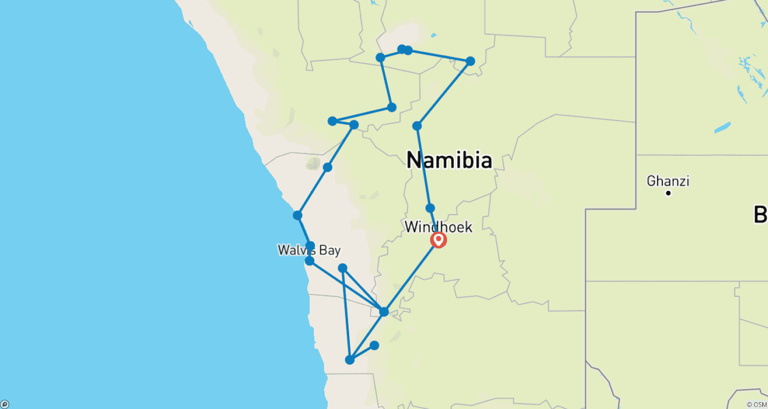 Mapa trasy: 7-dniowa wycieczka po najważniejszych atrakcjach Namibii z Windhoek