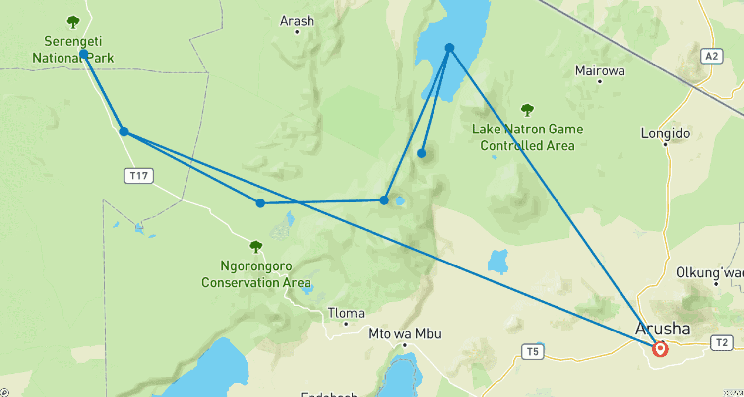 Mapa do percurso de Pacote de 8 Dias Terras Altas de Ngorongoro e Serengeti