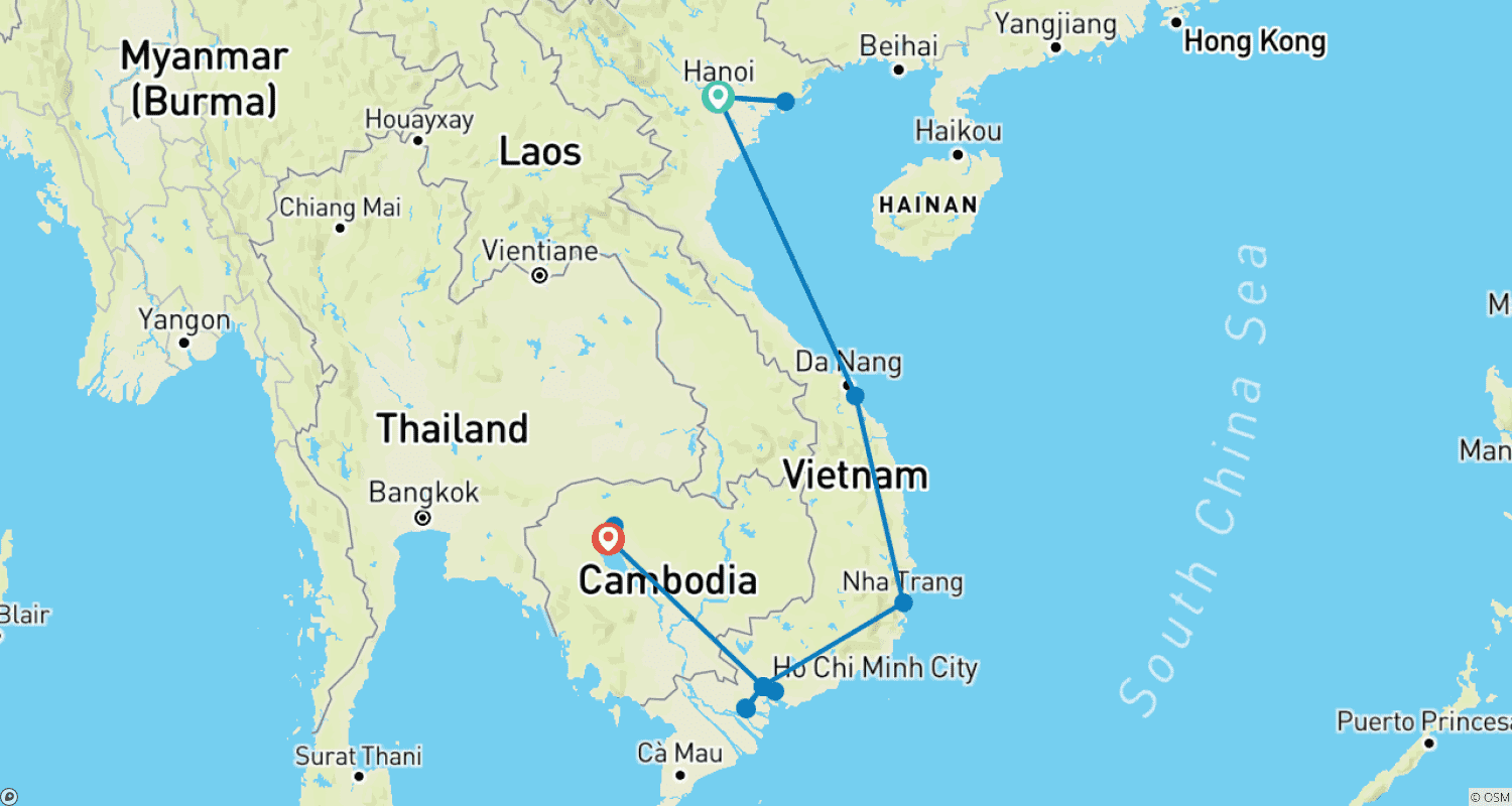 Mapa trasy: Idealne wakacje w Wietnamie i Kambodży w 15 dni — Zatoka Ha Long/ Hoi An/ Nha Trang/ Siem Reap
