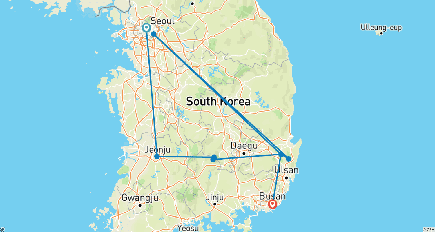 韓国ハイライトツアーのルートマップ