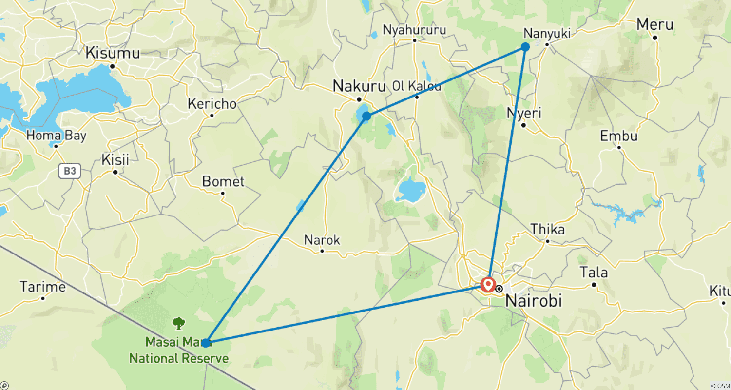 Mapa do percurso de Safári Privado no Quênia