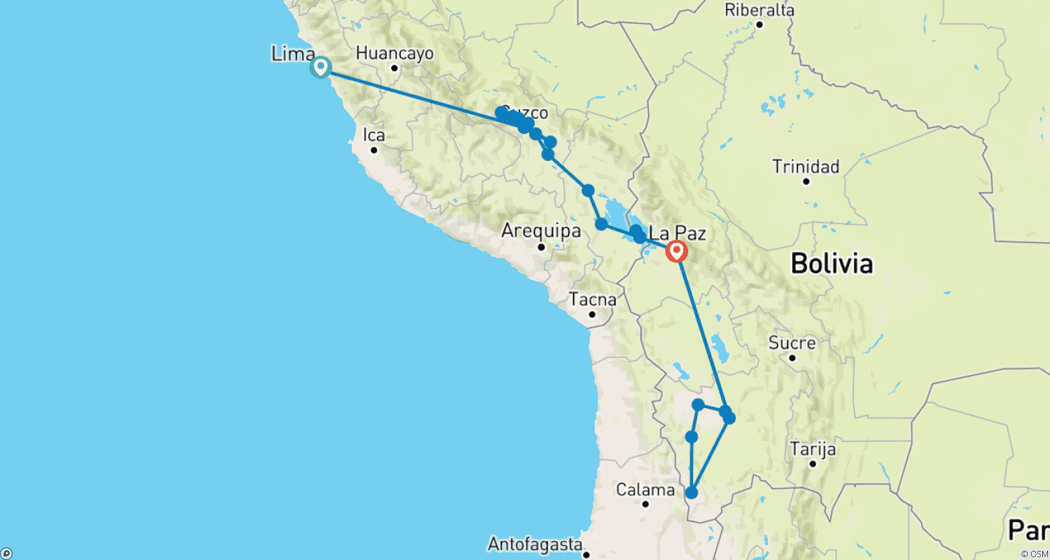 Mapa trasy: Najlepsze z Peru i Boliwii w wersji budżetowej: Lima, Cusco, Dolina Święta, Machupicchu, Góra Tęczy, Jezioro Humantay lub Moray i Kopalnie Soli, Jezioro Titicaca, Copacabana, Wyspa Słońca, Salar de Uyuni i wszystkie laguny