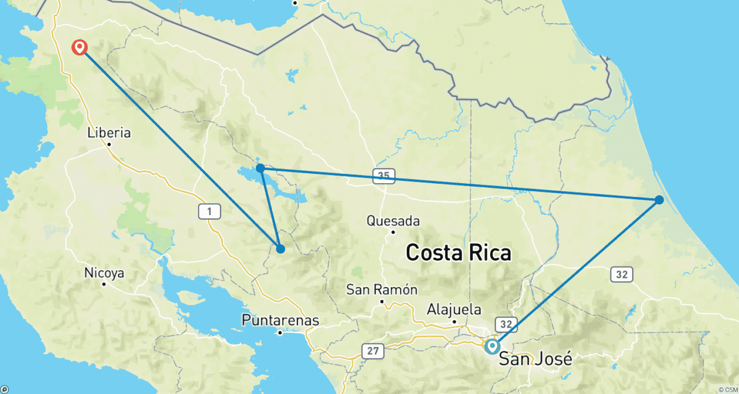 Mapa trasy: Niezależne Cuda Kostaryki z Tortuguero i Guanacaste