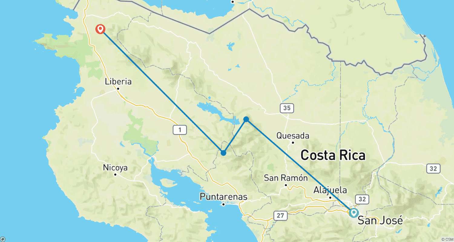 Mapa do percurso de Maravilhas Independentes da Costa Rica com Guanacaste