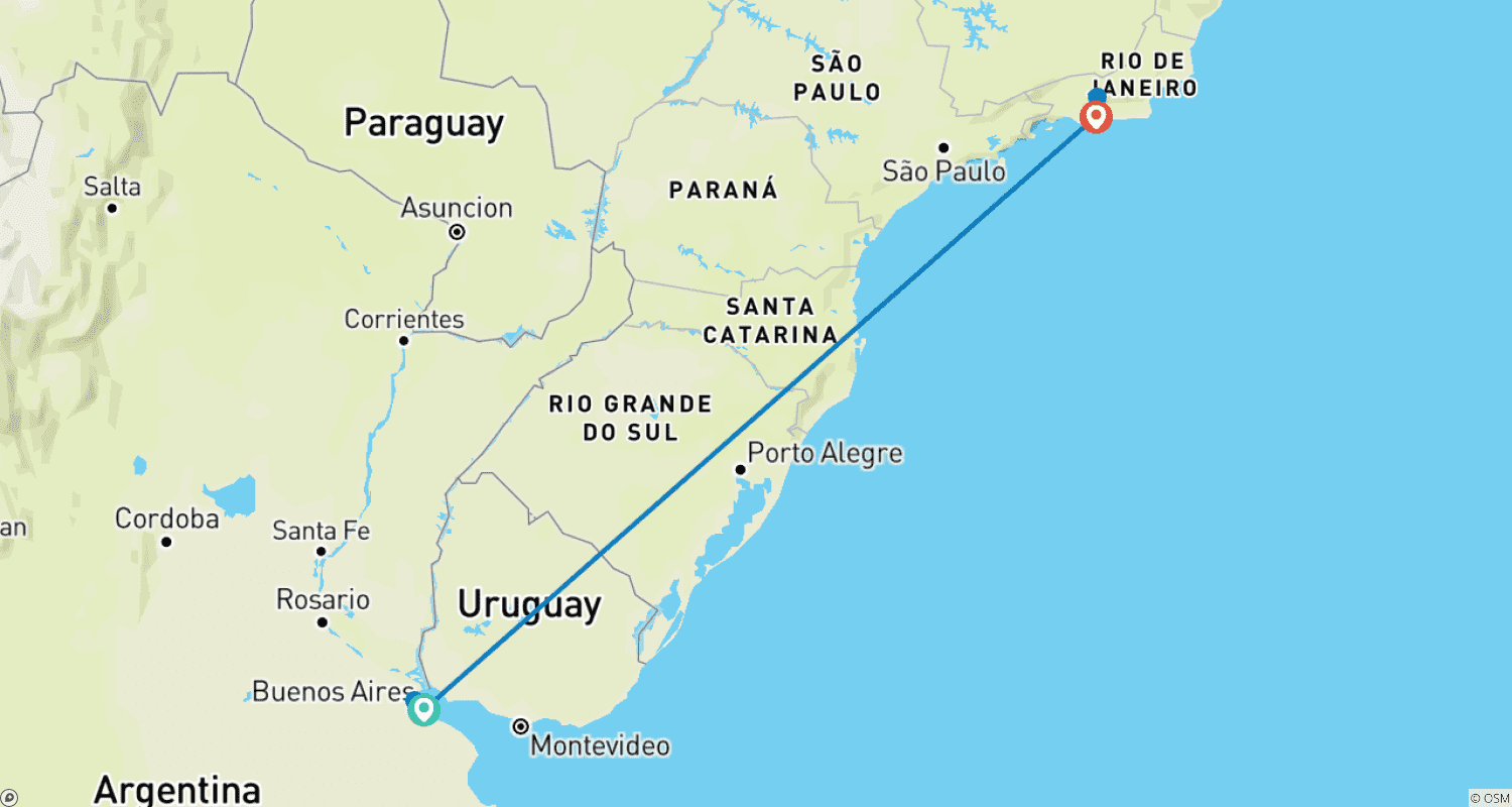 Mapa do percurso de Estadia Independente em Buenos Aires com Rio de Janeiro