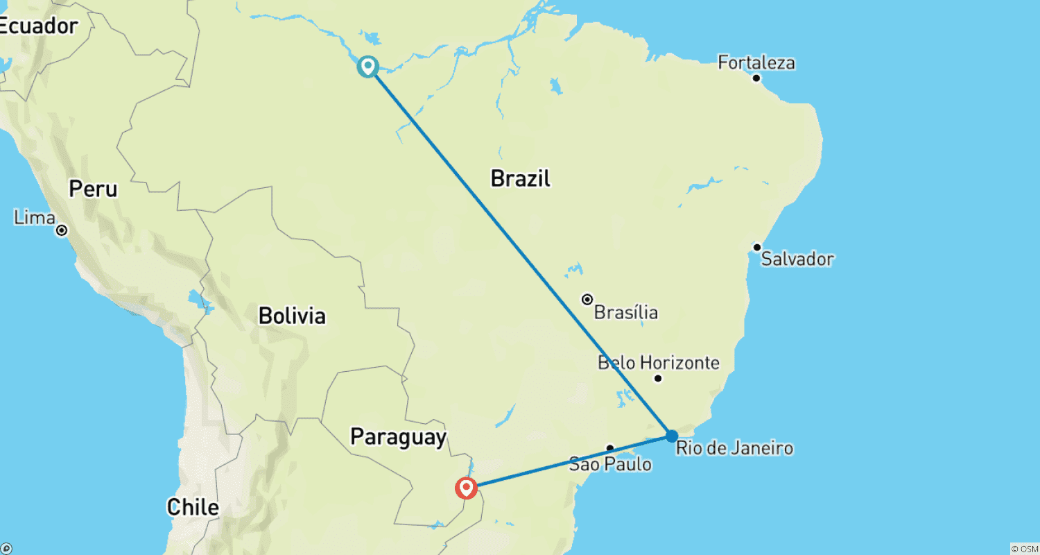 Mapa trasy: Niezależna wycieczka do Rio de Janeiro i Wodospadów Iguazú z Brazylijską Amazonią