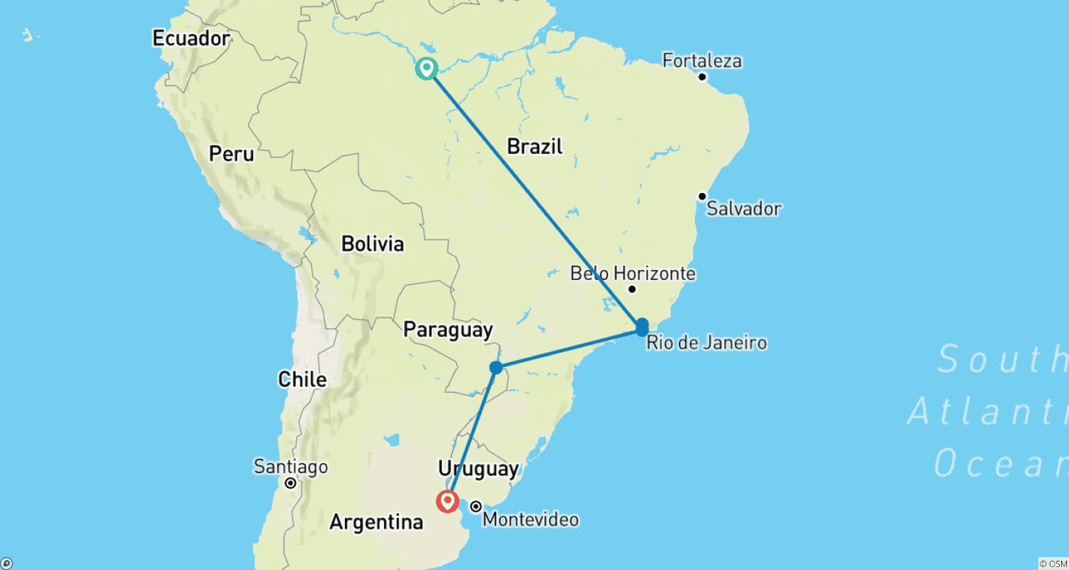 Mapa do percurso de Brasil e Argentina Independentes com a Amazônia Brasileira