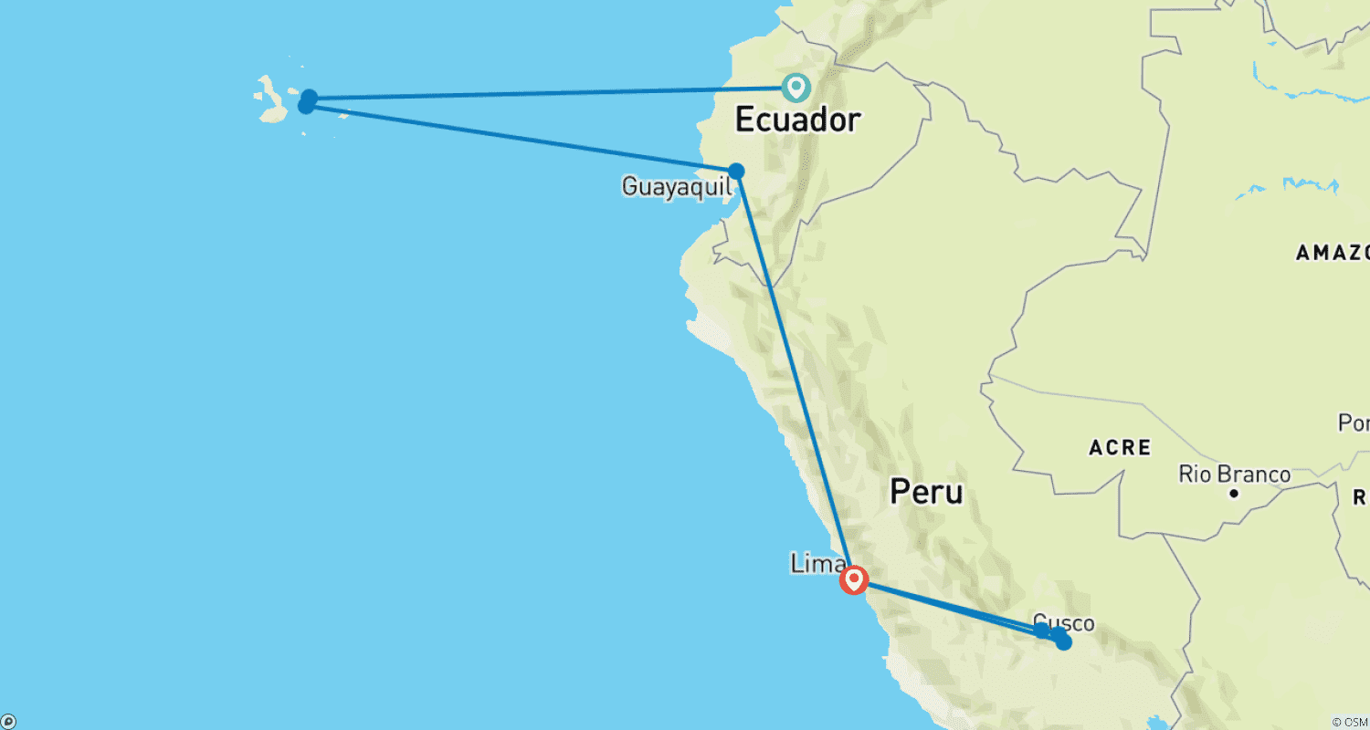 Mapa do percurso de Independent Galapagos at the Finch Bay Resort & Peru