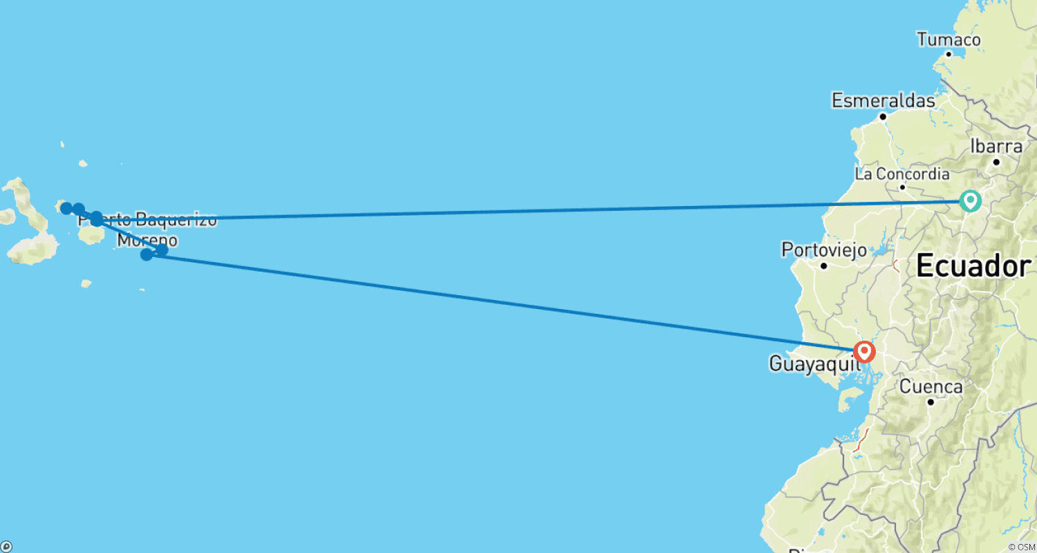 Mapa do percurso de Cruzeiro independente pelas Galápagos a bordo do Galápagos Legend