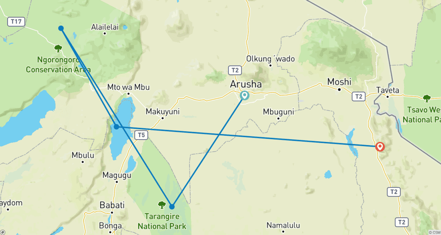 Mapa do percurso de Safári na Tanzânia: 3 Dias e 2 Noites (acomodação e transporte incluídos)