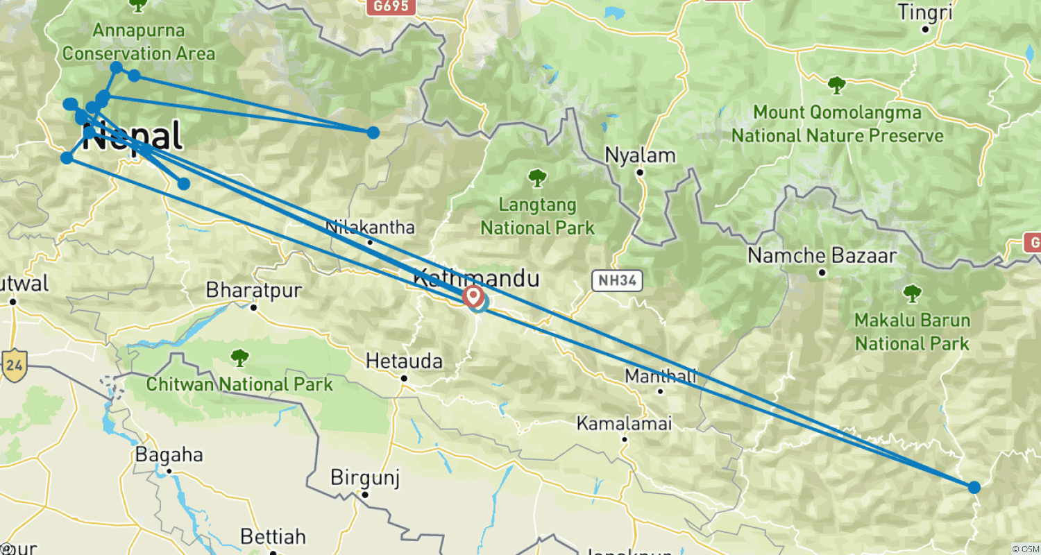 Mapa trasy: Trek do Annapurna Base Camp - 11 dni