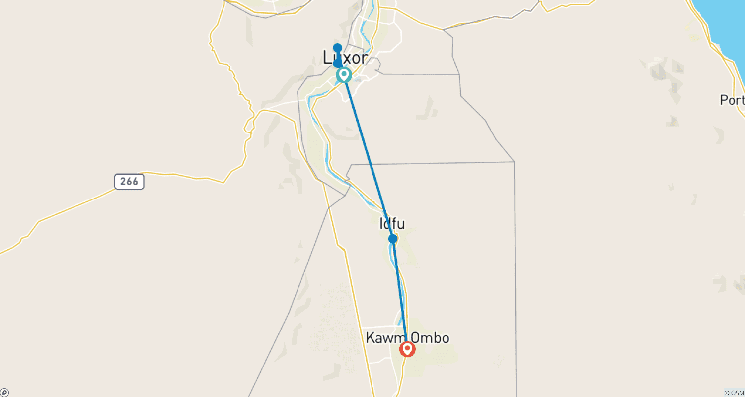Mapa do percurso de Viagem de 4 Dias a Luxor, Edfu e aos Templos de Kom Ombo