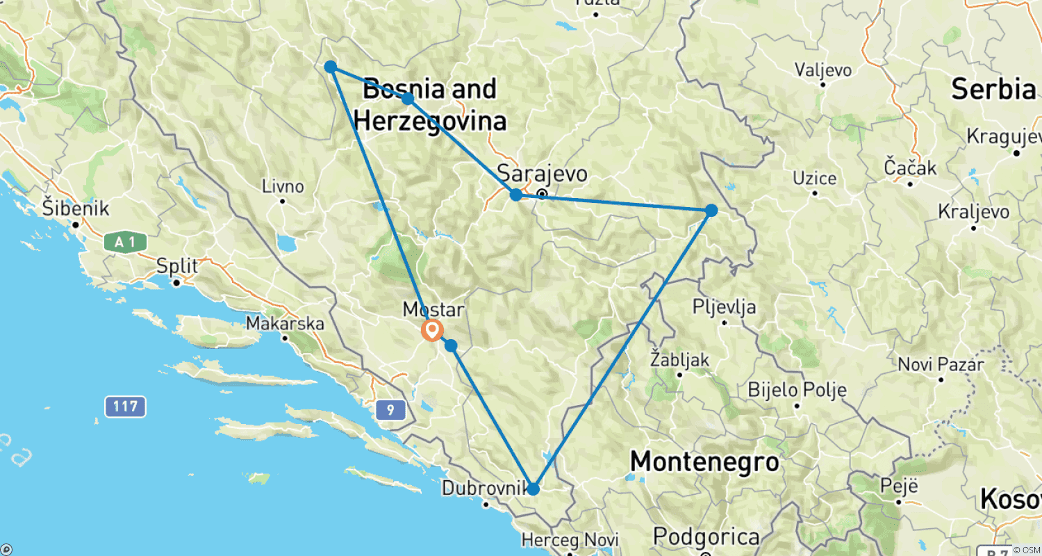 Mapa do percurso de Excursão de 5 dias de descoberta da Bósnia em todas as estações a partir de Mostar. Blagaj, Vjetrenica, Trebinje, Tvrdos, Visegrad, Sarajevo, Travnik, Jajce.