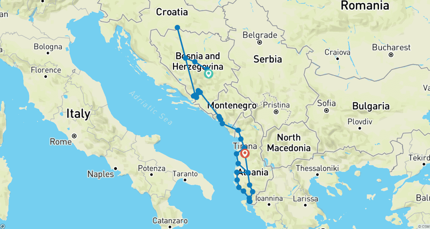 Mapa do percurso de Excursão de 19 dias em todas as estações, explorando em profundidade Bósnia + Montenegro + Albânia a partir de Sarajevo. Balcãs fora do caminho comum.