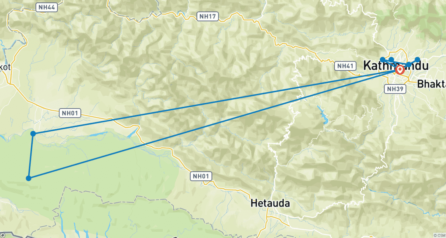 Kathmandu Chitwan Tourのルートマップ