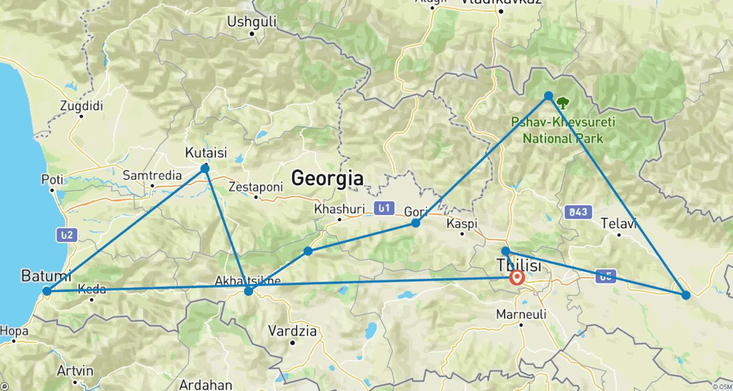 Mapa do percurso de Aventura de 12 Dias na Geórgia Sob Medida, Partida Diária e Guia Motorista Exclusivo