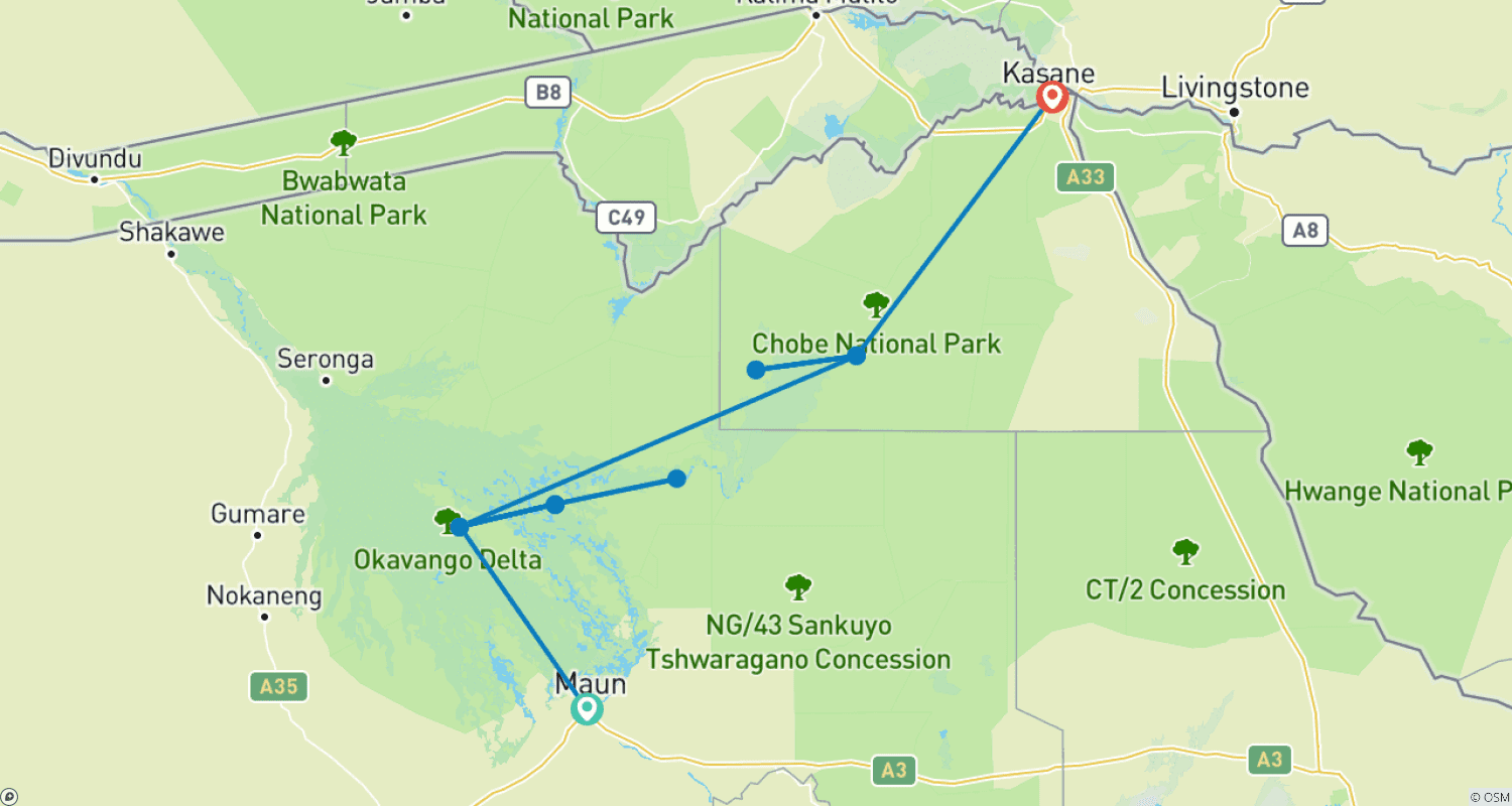 Mapa trasy: Autentyczna Botswana z obsługiwanym mobilnym safari
