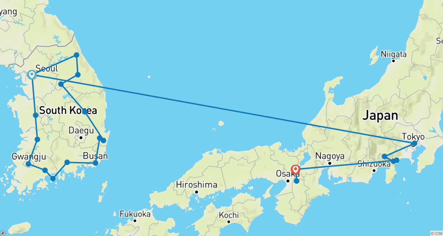 Mapa trasy: Marzenia o Japonii i Korei Południowej