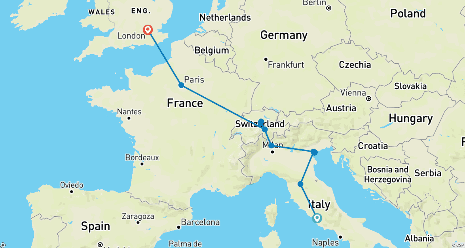 Mapa trasy: Skarby Europy z Rzymu do Londynu (Rzym do Londynu) (2025)
