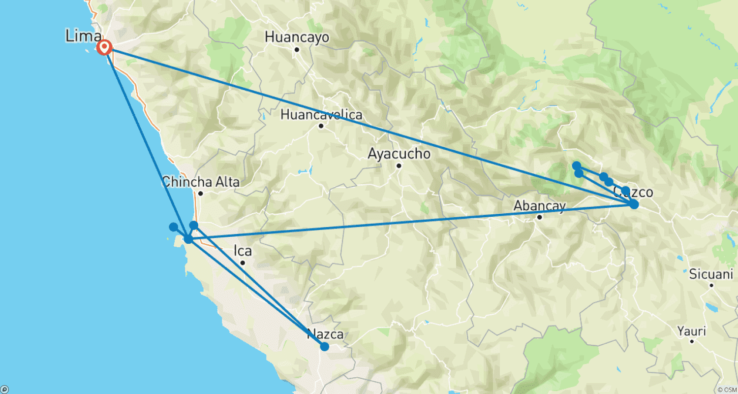 Mapa trasy: Kulturalne Peru: Lima, Cusco, Machu Pichu, Paracas, Chinchero, Moray, Sacsayhuaman - 9 dni