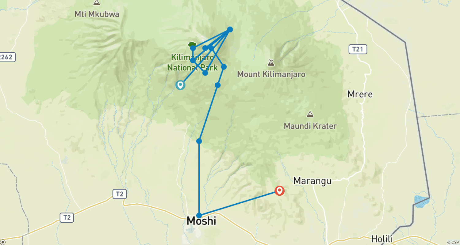 Mapa trasy: Wspinaczka na Kilimandżaro trasą Umbwe, 6 dni, Tanzania (zakwaterowanie i transport w cenie)