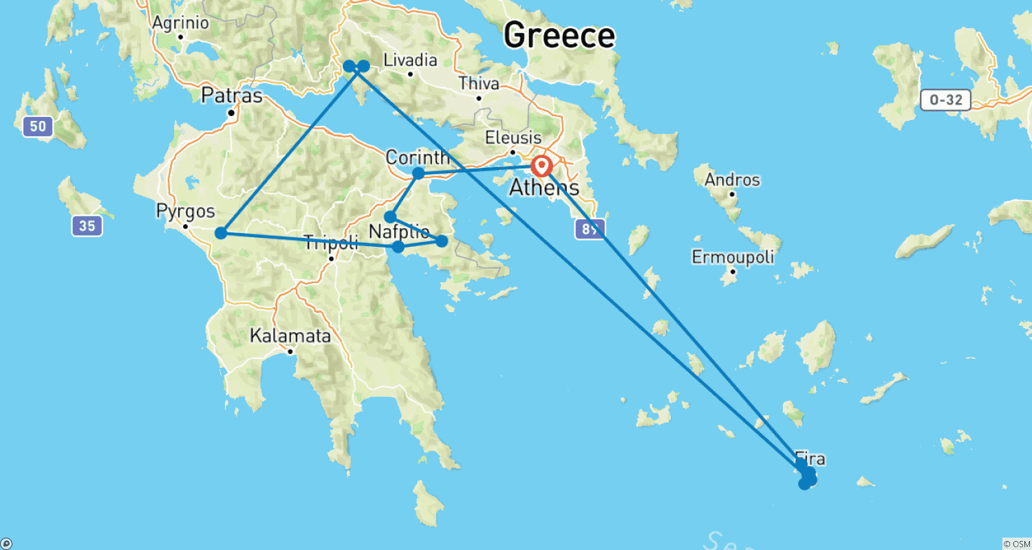 Mapa trasy: Grecka Ucieczka plus 2 noce na Santorini