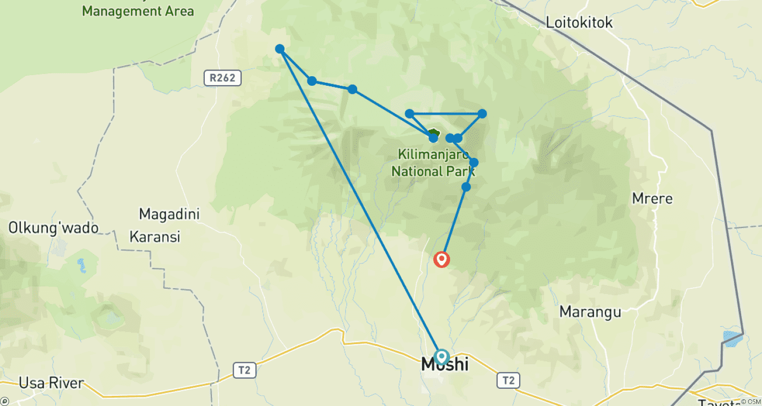 Mapa do percurso de 10 Dias Rota do Circuito Norte | Escalada ao Kilimanjaro