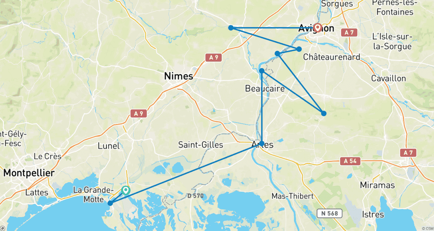 Mapa do percurso de Provença e Camargue - De Aigues-Mortes a Avignon a bordo do L'Estello (8 dias)