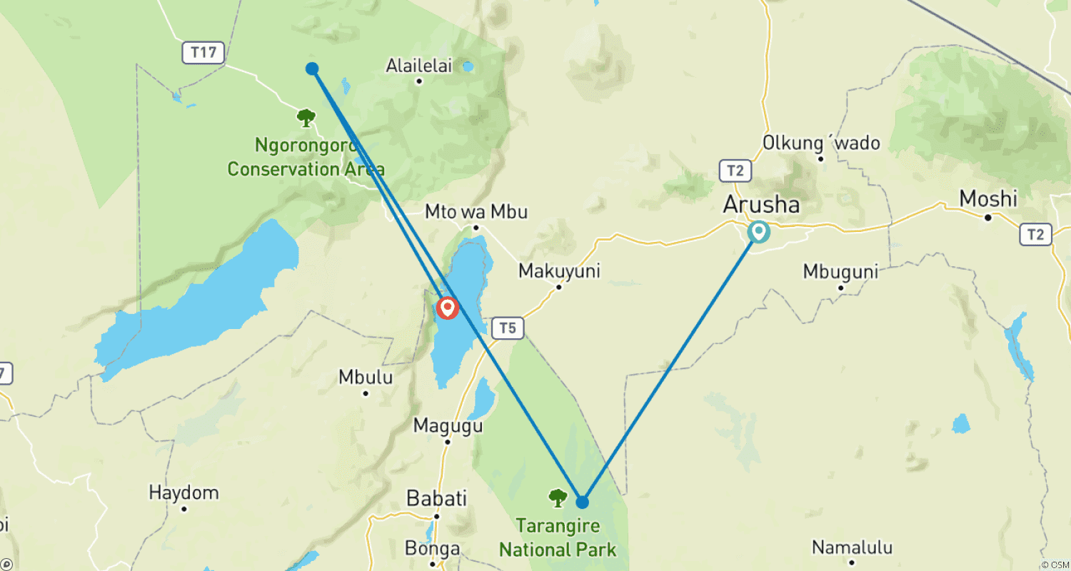 Mapa do percurso de Safari de 3 Dias pelo Circuito Norte