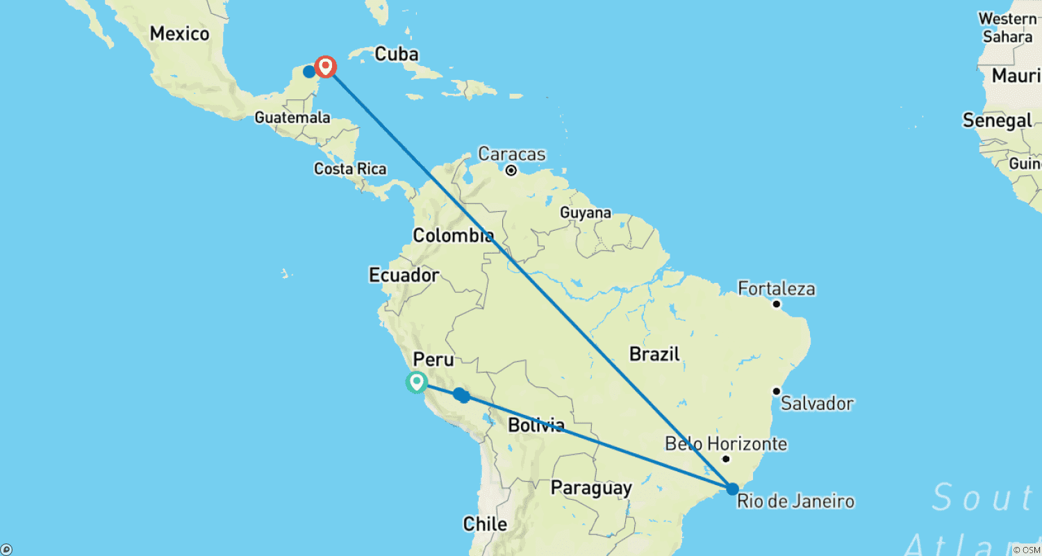 Mapa do percurso de Maravilhas da América Latina: Machu Picchu, Rio e Chichén Itzá