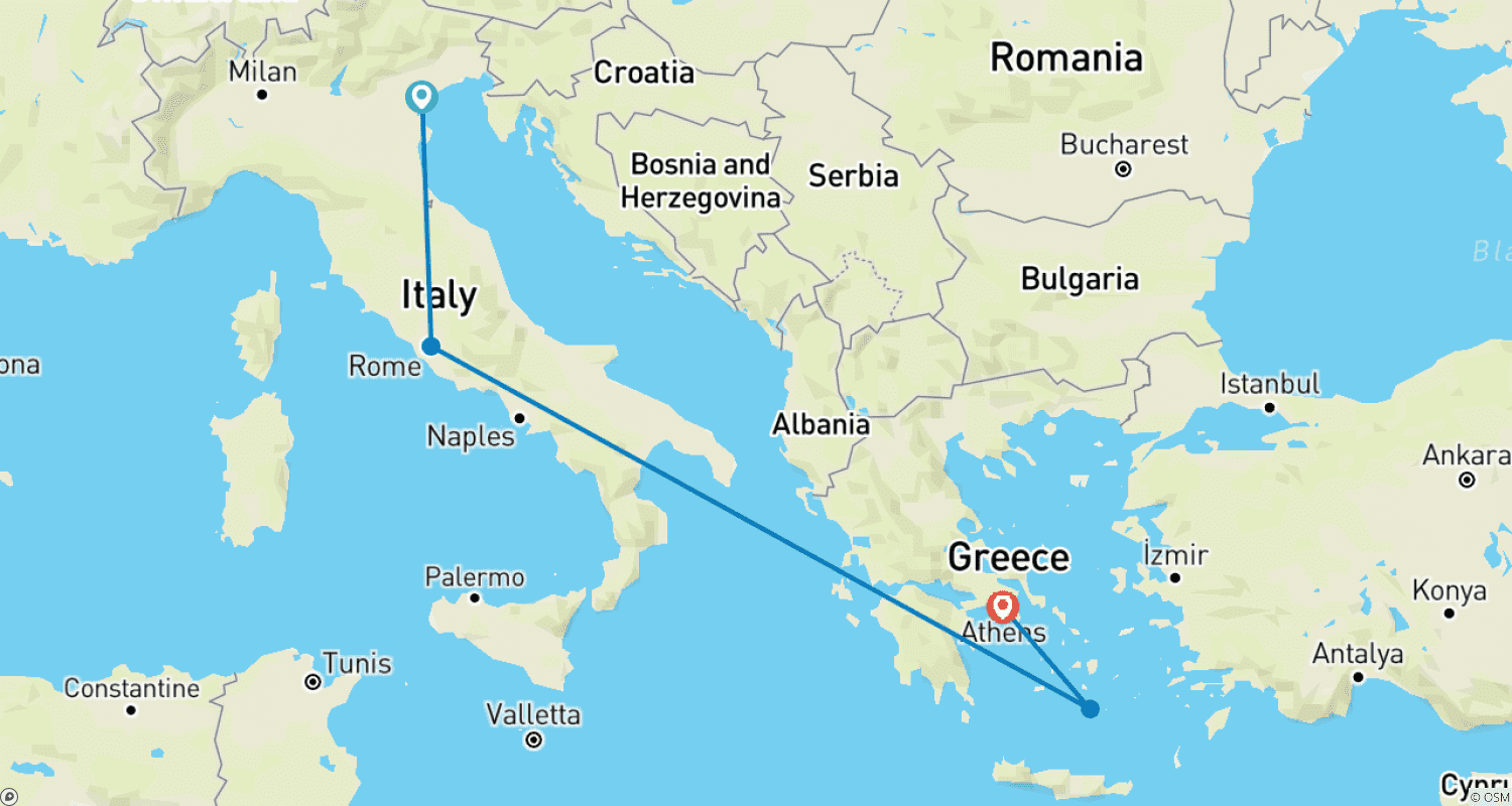 イタリア＆ギリシャ 4つ星 カタマラン付き サントリーニのルートマップ