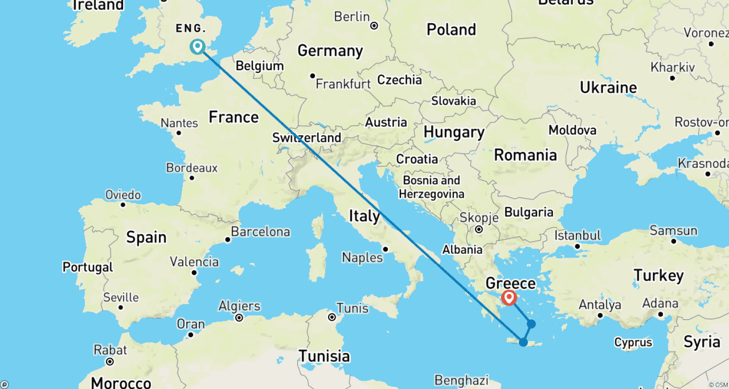 Mapa do percurso de London Crete and Santorini with meals and drinks