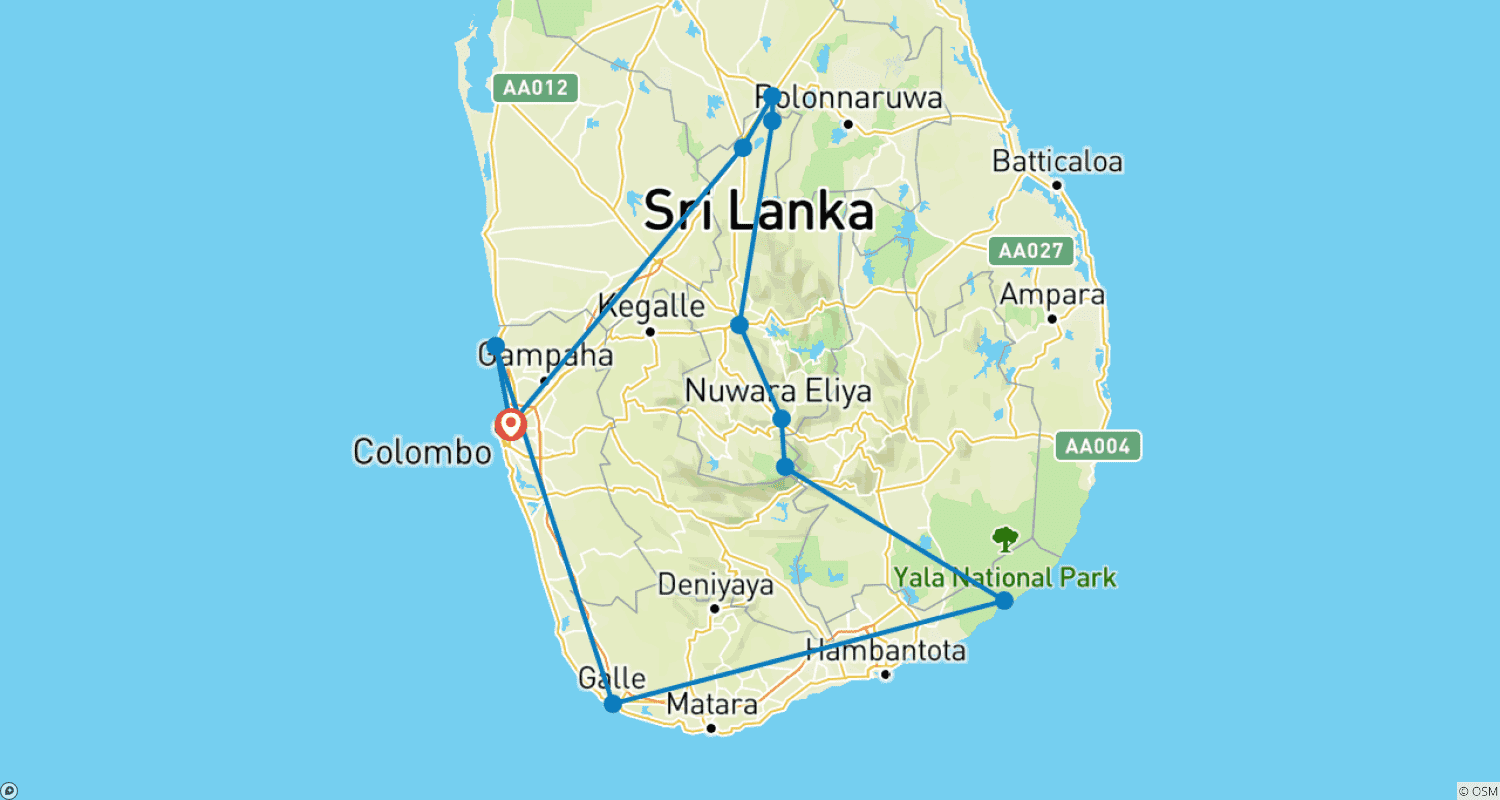 Mapa trasy: Plan podróży Sri Lanka 6 nocy / 7 dni