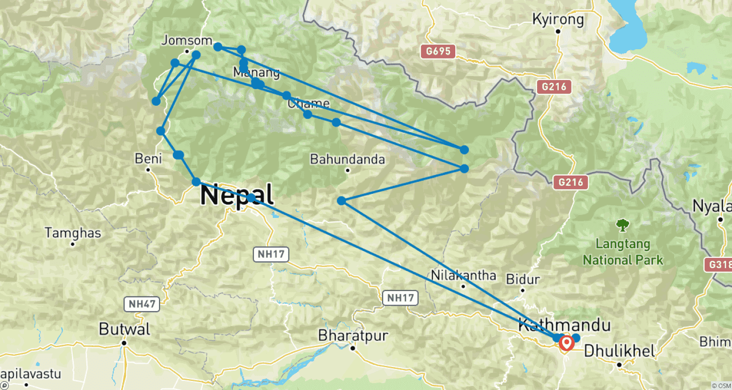 Mapa trasy: Annapurna Circuit Trek 18 Days