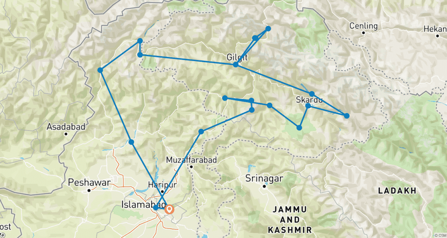 Mapa do percurso de Explorador Completo do Norte do Paquistão – Aventura em Hunza, Kalash e Karakoram