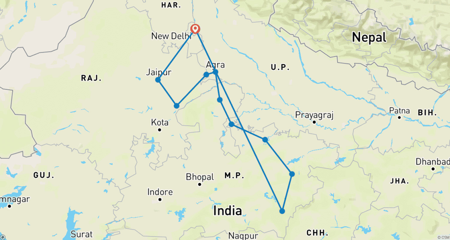 Mapa trasy: Dzikie spotkania w Północnych Indiach - Wycieczka przyrodnicza po Indiach