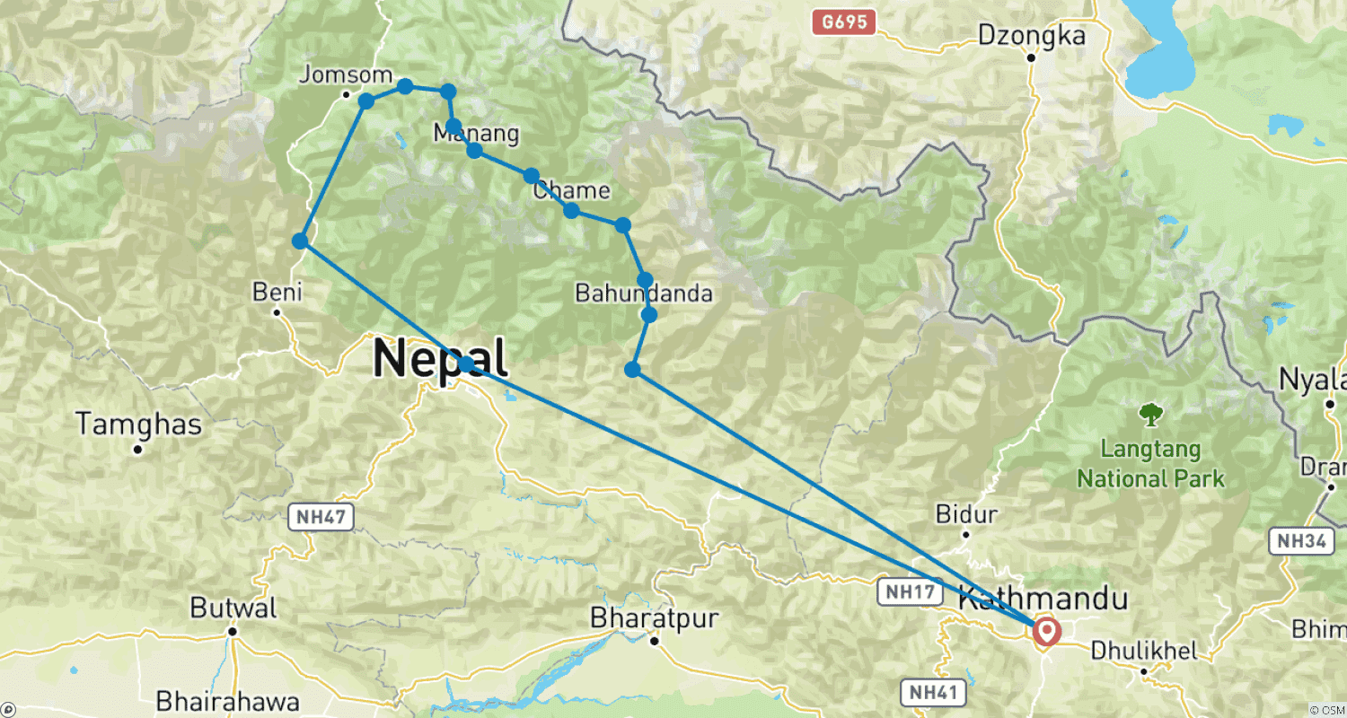 Mapa do percurso de Annapurna Circuit Trek 19 Dias