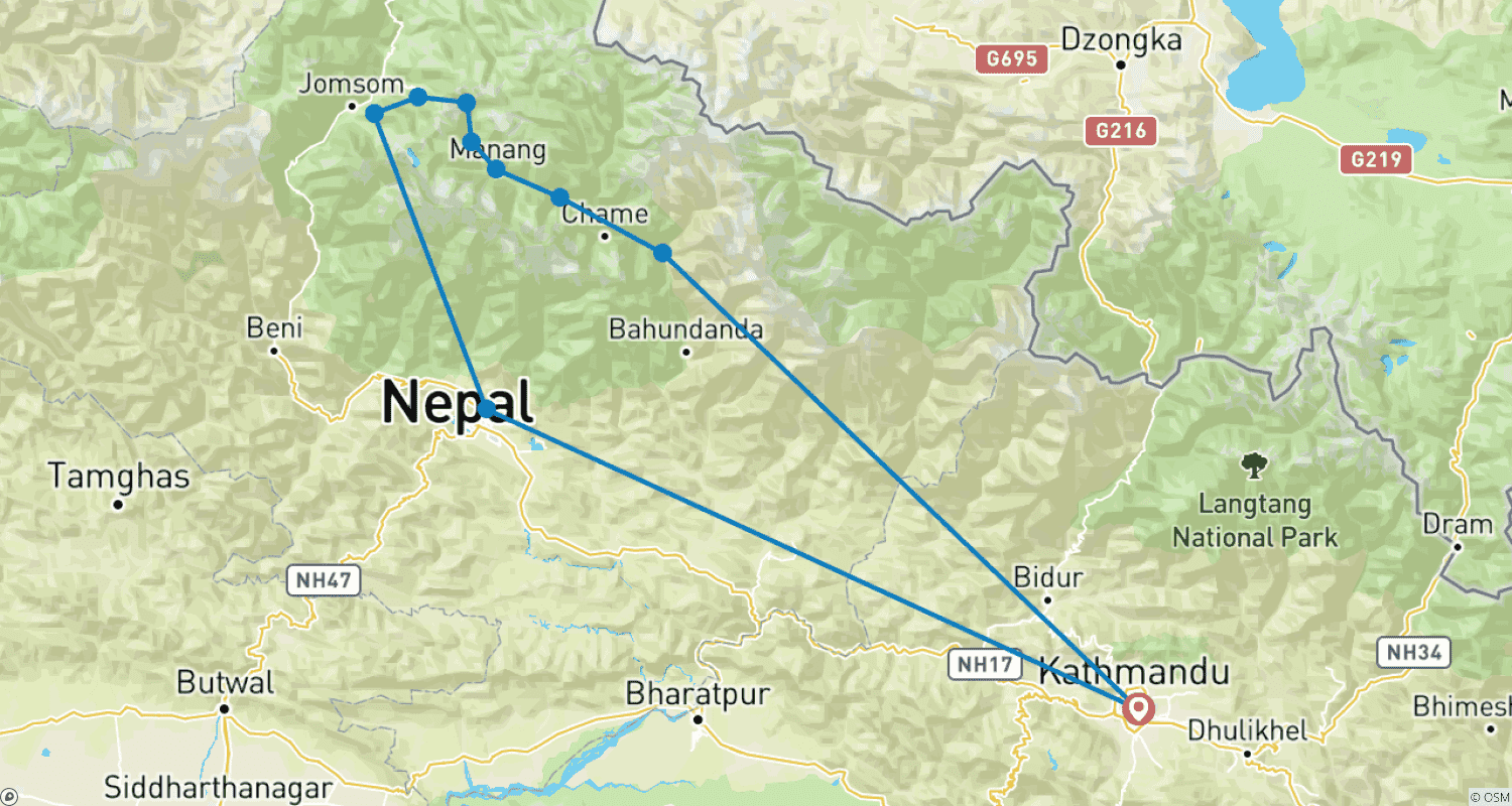 Mapa trasy: Annapurna Circuit Trek 12 Days