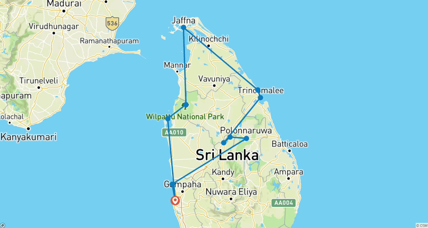 Mapa do percurso de Excursão pelo Norte, Leste e Centro do Sri Lanka