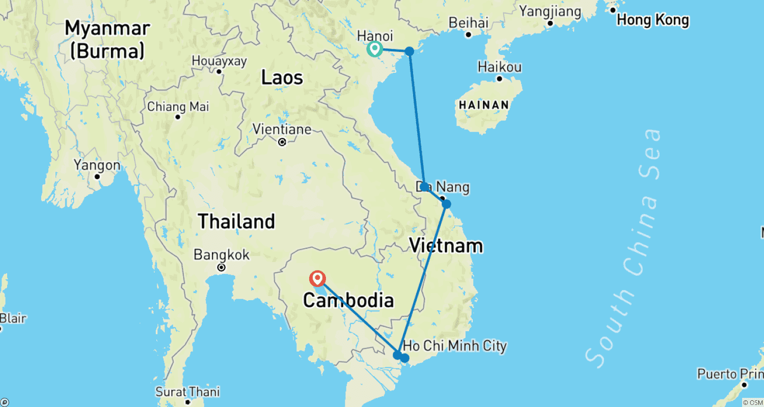 Mapa do percurso de Vietnã Cativante e os Templos de Angkor