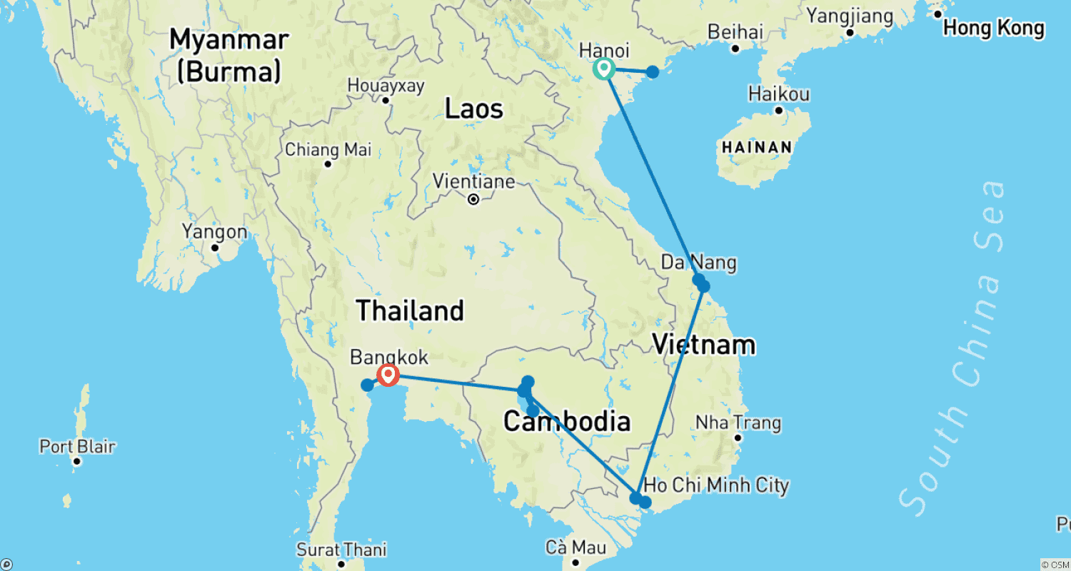 Mapa do percurso de Tesouros Independentes do Vietnã e Camboja com Bangkok