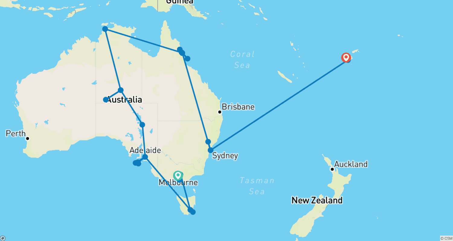 Mapa trasy: Spektakularna Australia z Historycznym Pociągiem Ghan i Fidżi