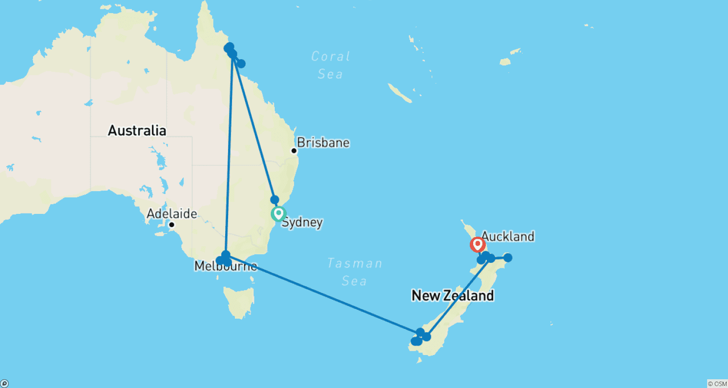 خريطة مسار Independent Australian & New Zealand Explorer