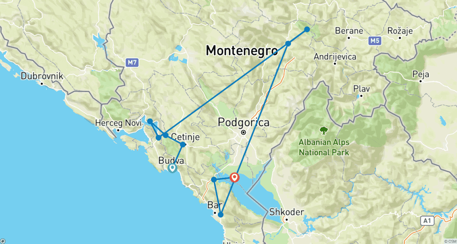 Mapa trasy: Czarnogóra: Morze - Góry - Jeziora