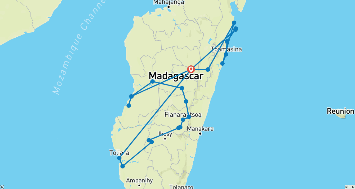 Mapa do percurso de Expedição em grupo a Madagascar de 18 dias, partida em 2025 (especialmente para viajantes seniores)