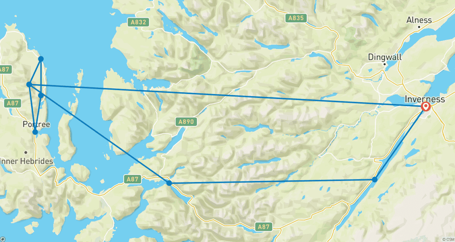 Mapa do percurso de Aventura Voluntária de 5 Dias na Skye Selvagem