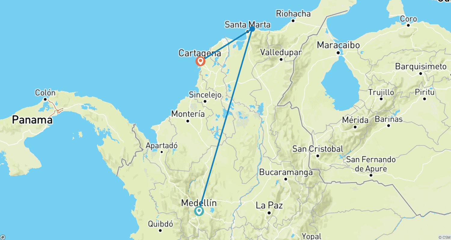Mapa do percurso de Serviço Privado I Amantes da Natureza: Medellín, Tayrona & Cartagena — Voo Doméstico Incluído