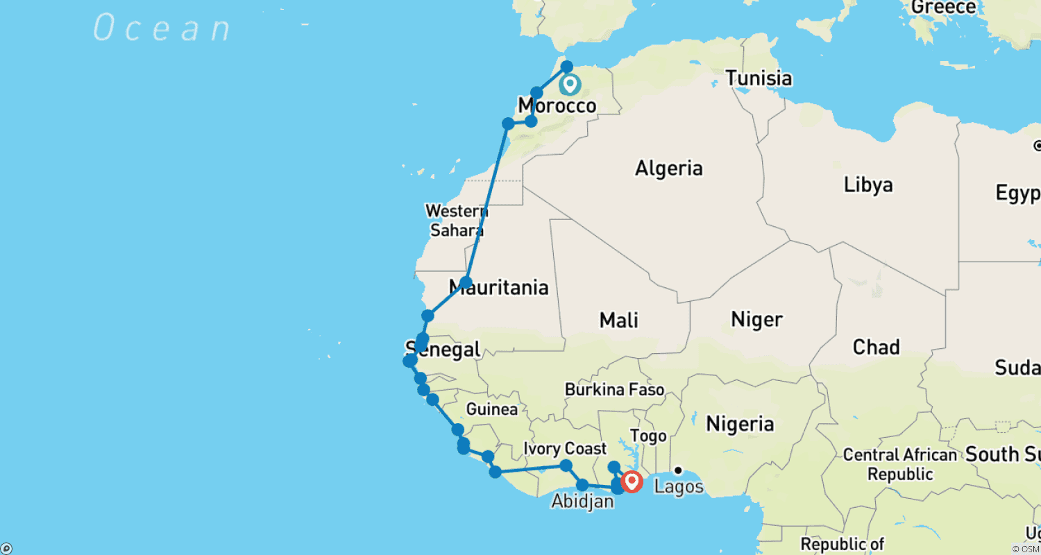 Mapa trasy: Fes do Accra (75 Dni) Trans Afryka