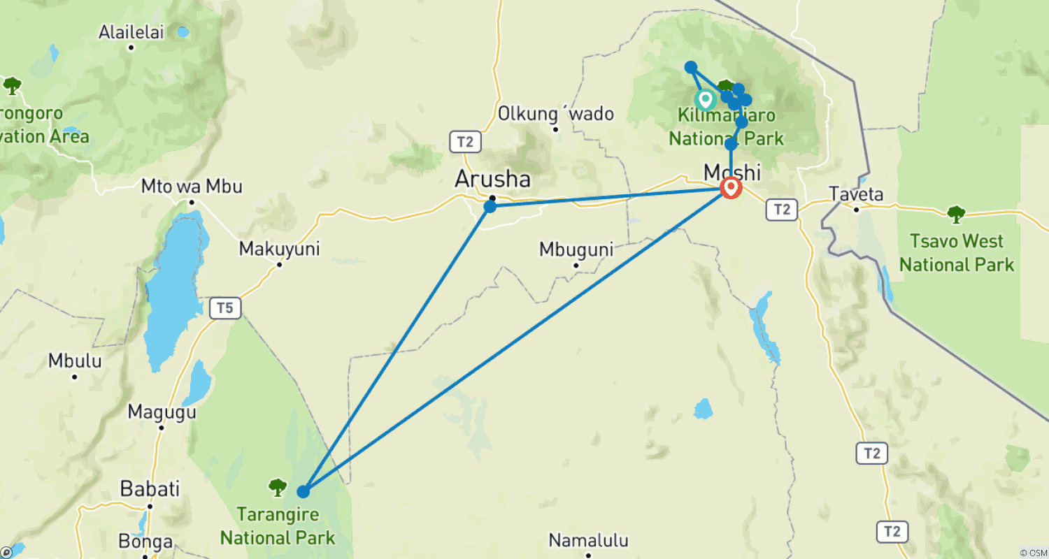 Mapa do percurso de 7 Days Kilimanjaro Climbing Via Machame Route Plus 2 Days Safari (all accommodation and transport are included)