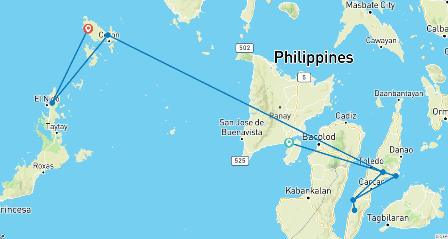 Mapa do percurso de Filipinas Personalizadas: 12 Dias de Passeio entre Ilhas, Hotéis de Luxo 4 Estrelas (Tour Privado)